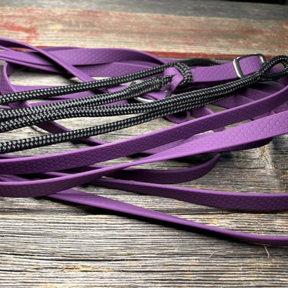 Longues rênes en sangle HEXA mauve, détail des boucles et drisses