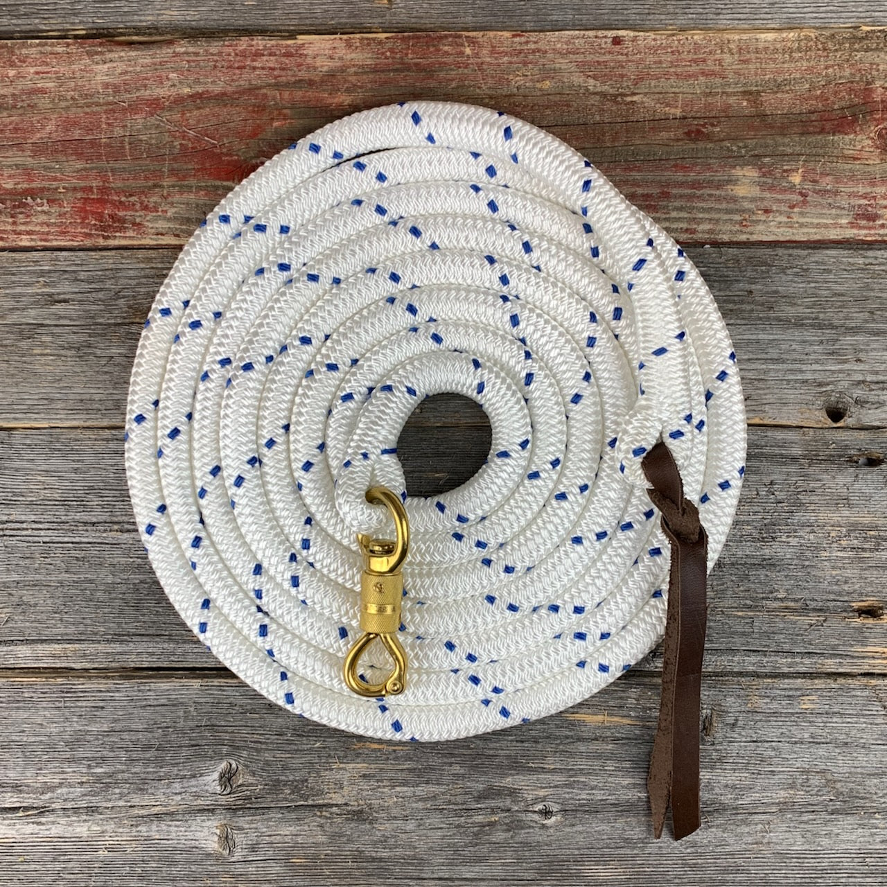 Cordes et Galop - longe éthologie - corde blanche et bleu- attache de sécurité en laiton